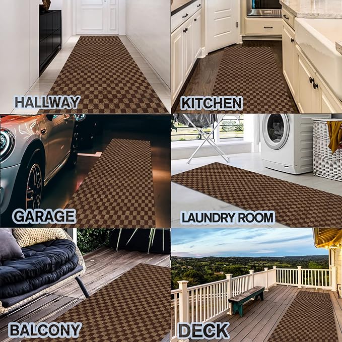 Custom Size Backed Non-Slip Area Rugs Runner, Easy Clean, Waterproof Runner Rugs for Hallway Entryway, Kitchen, Laundry, 2FT x 69FT, Brown Checkered
