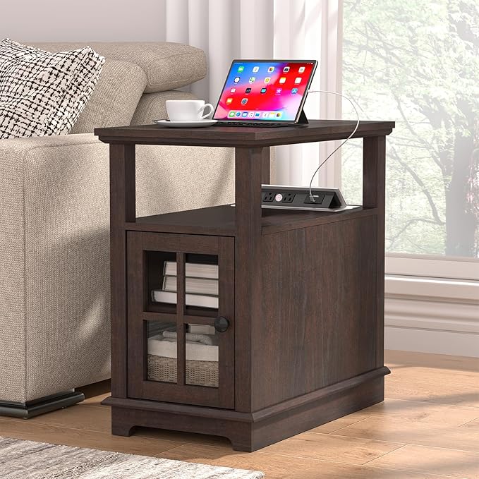 HIFYOBRO Narrow End Table with Flip Top Charging Station, Adjustable Shelf, Type-C & USB Port & Power Outlets, Side Table with Storage for Living Room/Bedroom/Home Office