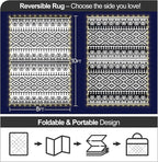 8x10ft Waterproof Outdoor Rug with LED Lights, Bohemia Reversible Plastic Straw Mat for Patio RV Camping Picnic Balcony Beach Deck Indoor Outdoor Carpet, Black&White