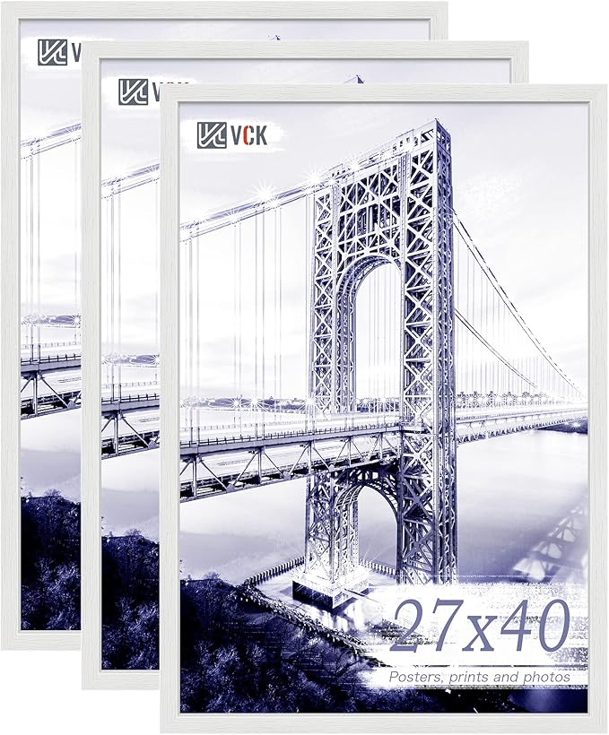 VCK 27x40 Solid Wood Poster Frames Set of 3, Exclusive Woodgrain White Picture Frame, Wall Mounting Hanging