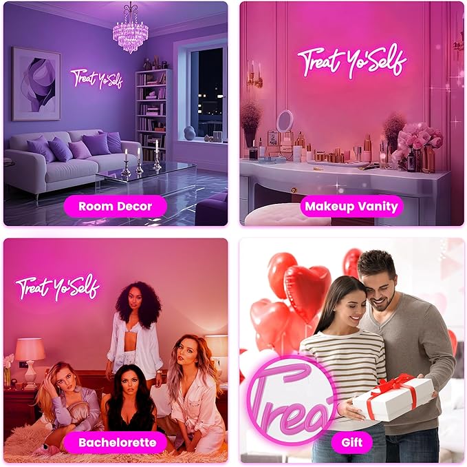 Kavaas Treat Yourself Neon Sign 16.5" x 5.7", Pink LED Light Up Signs for Wall Decor | Treat Yo Self Neon Sign for Girls Bedroom, Bar, Office, Dorms