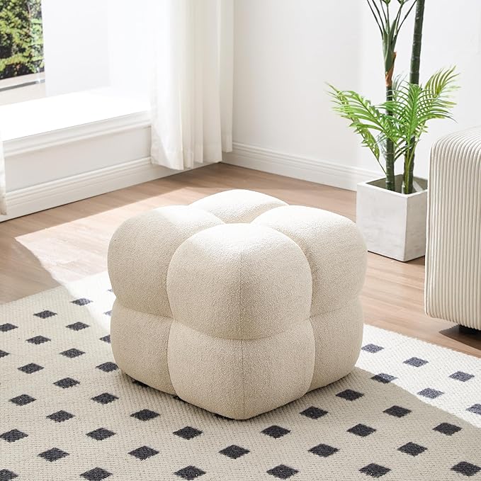 Zesthouse Square Pouf Ottoman Footstool, Modern Ottoman Coffee Table for Living Room, Beige Linen Stool Foot Rest, Upholstered Poofy Stool for Couch, Cute Vanity Chair Backless for Makeup Room Bedroom