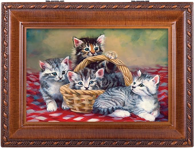 Cottage Garden Cats Grey Brown Kittens in Basket Woodgrain Rope Trim Music Box Plays You are My Sunshine