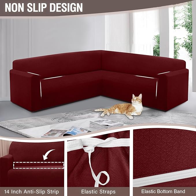 HDCAXKJ Sectional Couch Cover L Shape Stretch Sofa Covers Washable Jacquard Corner Couch Slipcover Non Slip Sectional Slip Cover U Shaped Furniture Protector for Pets Dogs (Wine Red, Medium)