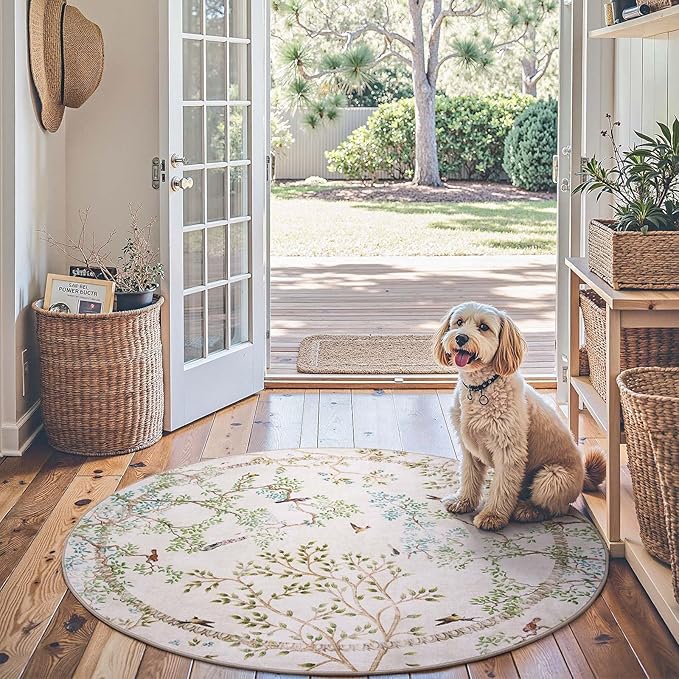 jinchan Round Rugs 5ft Ivory Botanical Birds Print Machine Washable 5' Circle Nature Plants Modern Soft Non Slip Throw Area Rugs Ultra Thin Low Pile Carpet for Entryway Bedroom Kitchen Kids Room