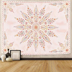 Fowocu Boho Floral Mandala Tapestry for Bedroom Aesthetic Pink Bohemian Flower Wall Tapestry Watercolor Hippie Indian Large Tapestries Wall Hanging for Living Room Dorm Decor 80 x 60 Inch