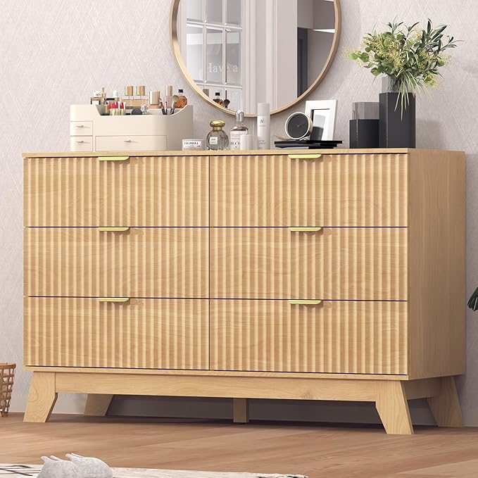 Fluted Dresser for Bedroom,6 Drawer Dresser for Closet,47" Wide Storage Cabinet and Chest of Drawers with Gold Handle,TV Stand,Storage Organizer for Living Room,Hallway,Entryway,Nature Oak