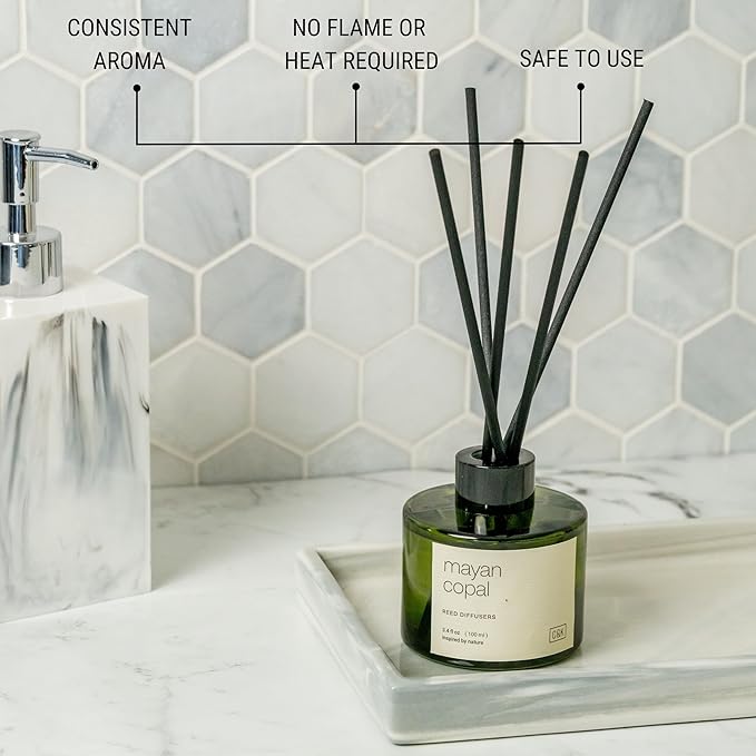 Craft & Kin Mayan Copal Reed Diffuser | All Natural Essential Oil & Rattan Scent Sticks | Fall Reed Diffusers for Home, Bathroom | Long Lasting Home Fragrance in Green Glass, 3.4oz