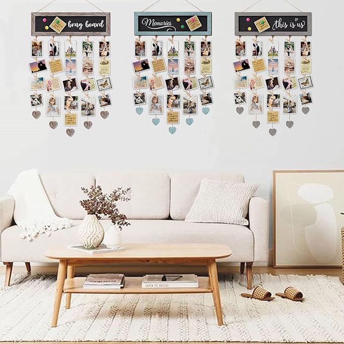 Picture Frames Brown Wood Collage Display Board with 30 Clips - Multip photo Cards Organizer with Adjustable Twines and Magnetic Chalkboard - Wall Hanging Picture Holder 15.7x5 Inch