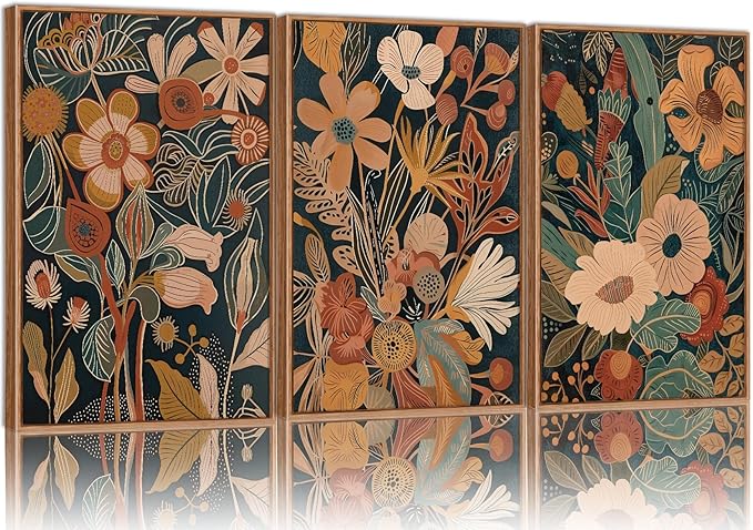 Tinonedraw Vintage Burnt Orange Floral Framed Canvas Wall Art Set of 3, Boho Chic Flower Artwork, Mid Century Modern Plant Wall Decor, Colorful Neutral Botanical Art Prints for Bedroom Living Room Office 16"x24"