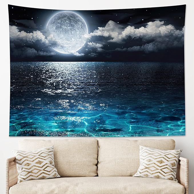LB Night Sky Ocean Tapestry Full Moon on Sea Tapestry Wall Hanging Fantasy White Cloud Watercolor Wall Art for Bedroom Living Room Dorm Wall Decor, 59Wx51H inches