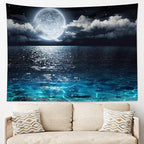 LB Night Sky Ocean Tapestry Full Moon on Sea Tapestry Wall Hanging Fantasy White Cloud Watercolor Wall Art for Bedroom Living Room Dorm Wall Decor, 59Wx51H inches