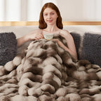 Touchat Luxury 1000GSM Rabbit Faux Fur Blanket, Super Heavy Warm Cozy Brown Blankets for Couch Bed Sofa, Ruched Plush Fuzzy Elegant Soft Reversible Mink Blanket for Living Room Bedroom, 60" x 80"