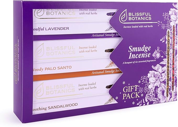 Tulasi Smudge Incense Sticks Gift Pack – 6 Scents x 40g Each – White Sage, Palo Santo, Lavender, Frankincense, Sandalwood, Rose – 48 Natural Herbal Incense for Aromatherapy, Yoga, Meditation