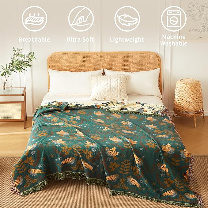 Woven Throw Blanket Cotton Cozy and Soft King Size Blanket Two Side Available Large Bed Blankets All Season Blanket for Couch Bedding (90"x98",01-Cute Bird)