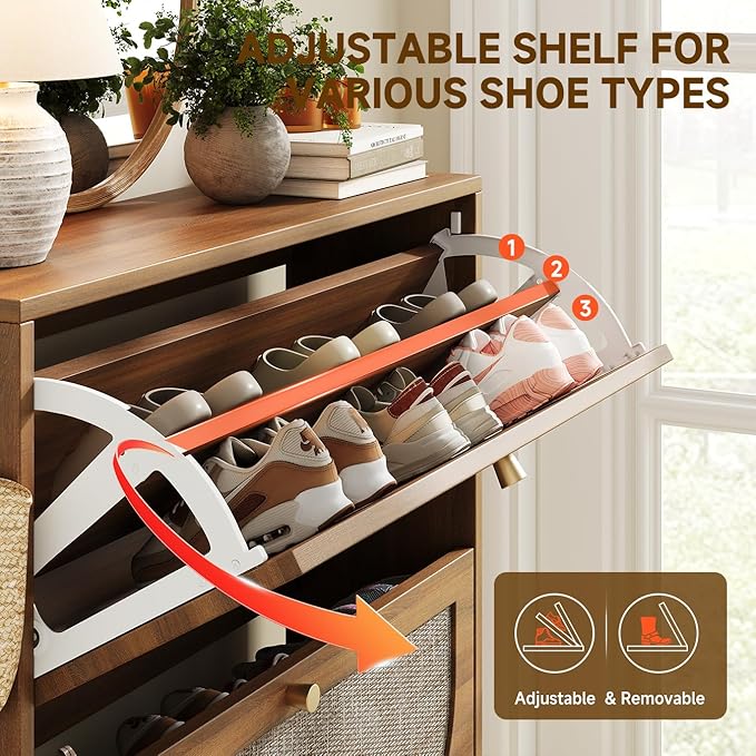 Nicetree Freestanding Ultra Slim Fluted Accent Shoe Storage Cabinet for Entryway - 2 Flip Drawers & 3-Tier Adjustable Shelves, Farmhouse Modern Rustic Shoe Rack for Hallway, Foyer