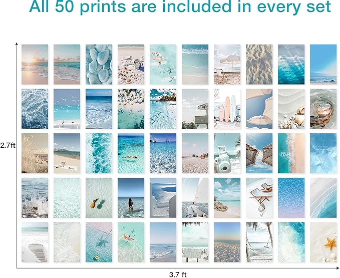 Y2K BOO Beach Blue Aesthetic Wall Collage Kit - 50 Dreamy Beach Scenes and Blue Aesthetic Photos for Teen Room Decor, Perfect Wall Art for Beachy Spaces, Ideal for Teens and College Dorms