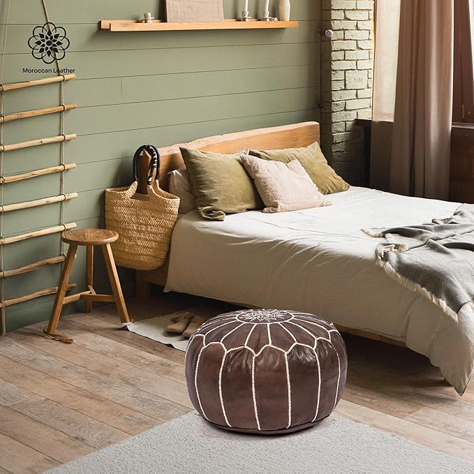 Handmade Moroccan Genuine Leather Pouf Ottoman Cover – Unstuffed Foot Stool Ottoman, Boho Foot Rest Under Desk, Round Ottoman for Living Room, Bedroom - Housewarming Gifts New Home, Weddings Gifts