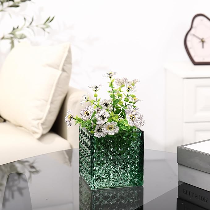 Square Vases Set of 6, 5" x 5" x 5" Square Glass Vases for Flowers, Green Flower Vase for Centerpieces, Small Bubble Vase for Wedding, Party, Home, Office, Parties, Events