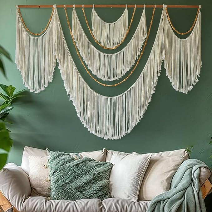 Flber Large Macrame Wall Hanging – Boho Yarn Art Garland with Tassels and Beads, Handmade Rope Decor for Nursery, Party, Wedding, Bedroom, Fireplace Mantel, or Photo Backdrop 57" W x 41" L