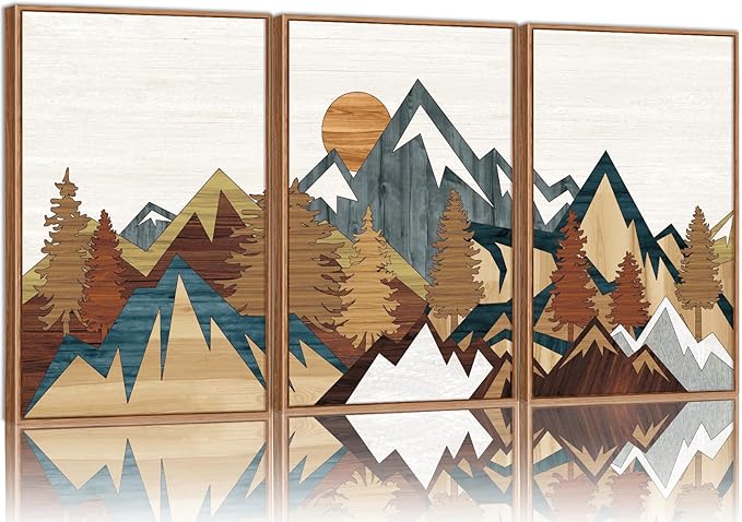 SIGNINART Vintage Mountain Framed Canvas Wall Art Set, Boho Sunrise Art Prints, Forest Nature Wilderness Art Paintings, Modern Farmhouse Woodcut Style Wall Decor for Living Room Bedroom, Office 16"x24"x3