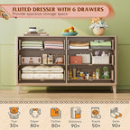 WLIVE Fluted Dresser for Bedroom with 6 Drawers, 54" Wide Wood Dresser with Metal Handles, TV Stand for 65 inch TV, Mid Century Modern Chest of Drawers for Living Room, Hallway, Closet, Natural Oak