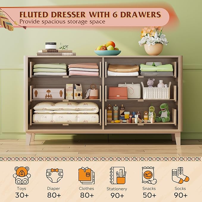 WLIVE Fluted Dresser for Bedroom with 6 Drawers, 54" Wide Wood Dresser with Metal Handles, TV Stand for 65 inch TV, Mid Century Modern Chest of Drawers for Living Room, Hallway, Closet, Natural Oak