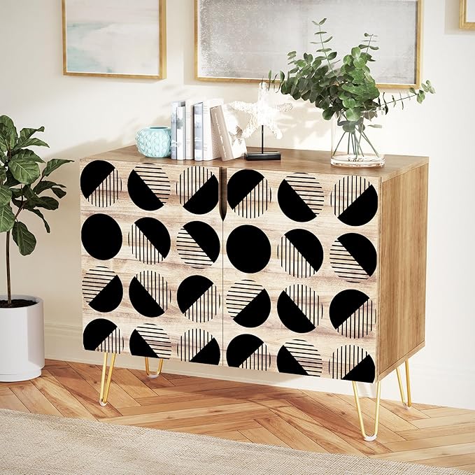 SIGNWIN Sideboard Buffet Cabinet, Kitchen Storage Cabinet with 2 Doors, Geometric Circle Duotone Patterns, Cupboard Console Table for Dining Room - 35" L x 18" W x 29" H