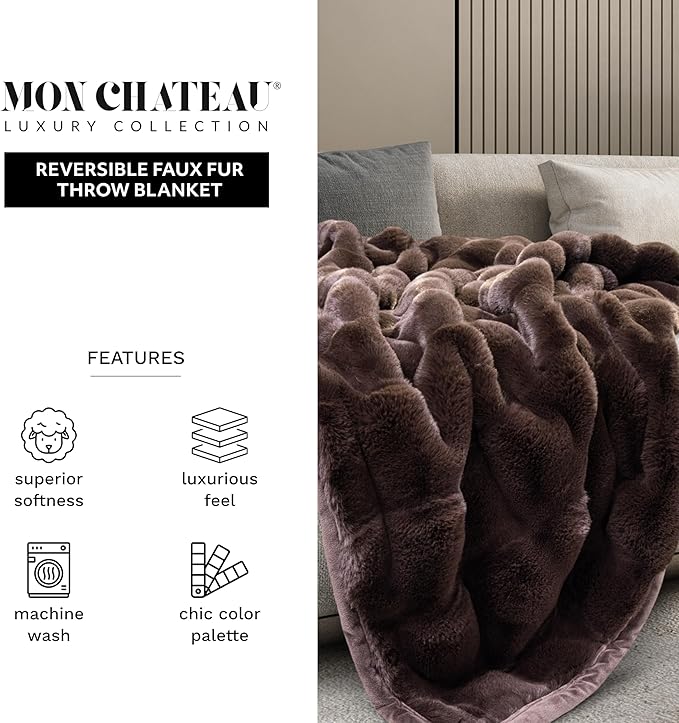 Mon Chateau Premium Reversible Luxury Faux Fur Throw for Couch, Sofa, or Bed - Plush Cozy Soft Blanket for Sleeping or Home Décor, 60" x 70" (Brown)