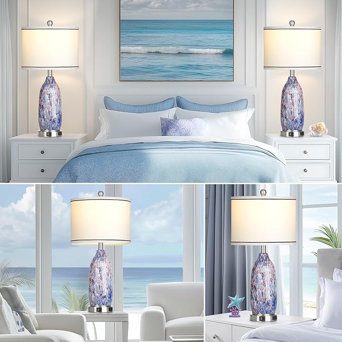 26" Coastal Glass Table Lamps Set of 2 for Living Room, 3 Way Touch Bedside Lamp for Bedroom, Nautical Beachy Lamp with USB A+C Ports and AC Outlet for Nightstand, 2 LED Bulbs Included