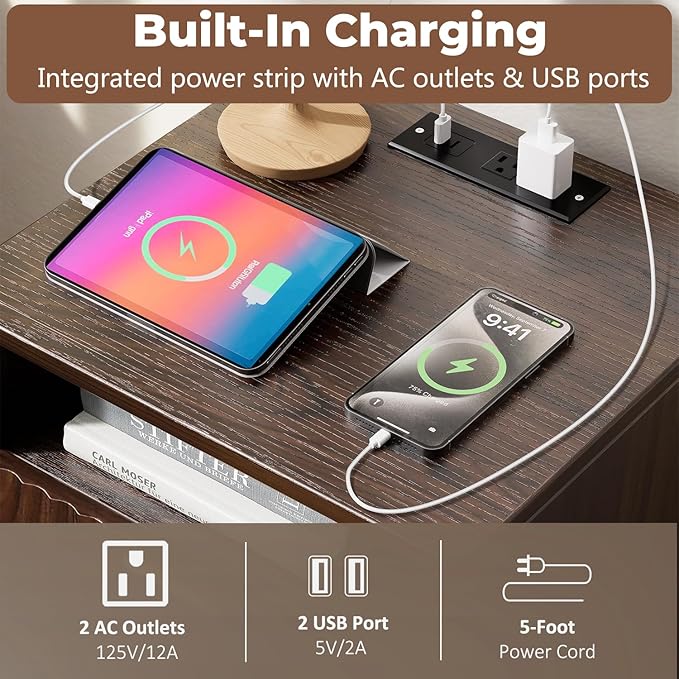 Nightstands with Charging Station, Modern Fluted 2 Drawers End Tables, Side Tables with Storage Shelf for Bedroom, Office, Walnut