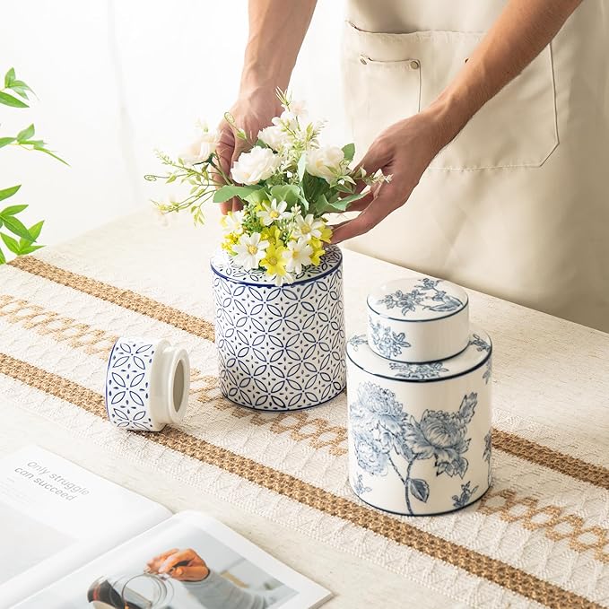 Ceramic Decorative Jars with Lid, Blue and White Ginger Jar for Home Decor, Cylindrical Vase Decor, 7.7x5.4 Inch, Blue Line