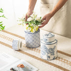 Ceramic Decorative Jars with Lid, Blue and White Ginger Jar for Home Decor, Cylindrical Vase Decor, 7.7x5.4 Inch, Blue Line