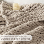 Chunky Knit Blanket Throw, 100% Hand Knit Throw Blanket Handmade Chenille Cable Knit Throw for Couch, Stylish Cozy Soft Rope Knot Crochet Blanket for Home Decor, Beige Linen, 50x60 Inches