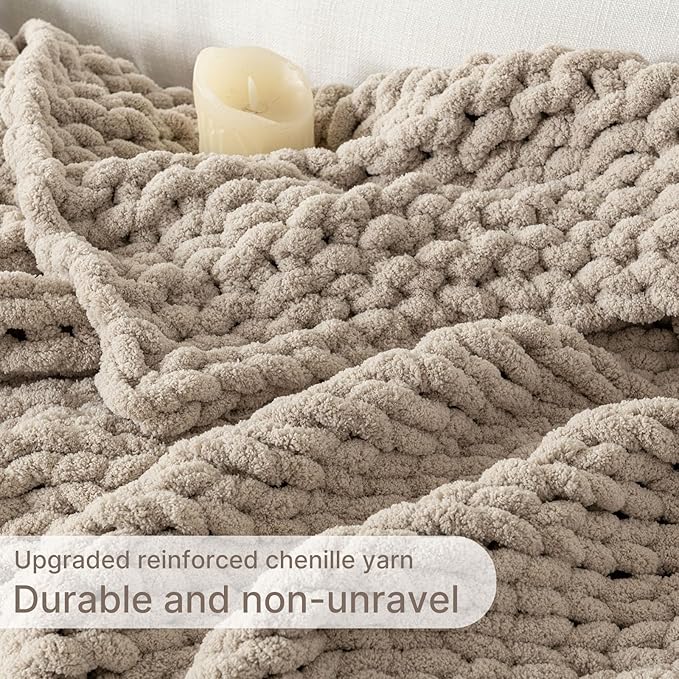 Chunky Knit Blanket Throw, 100% Hand Knit Throw Blanket Handmade Chenille Cable Knit Throw for Couch, Stylish Cozy Soft Rope Knot Crochet Blanket for Home Decor, Beige Linen, 40x50 Inches