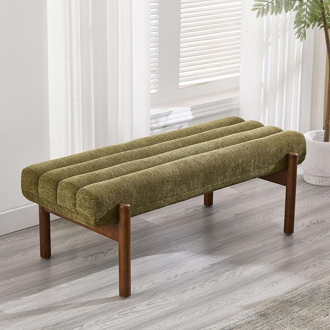Green Upholstered Bench Modern End of Bed Bench Chenille Fabric Bedroom Bench for Entryway Living Room Vanity Makeup Room, 47" Long, Wooden Legs
