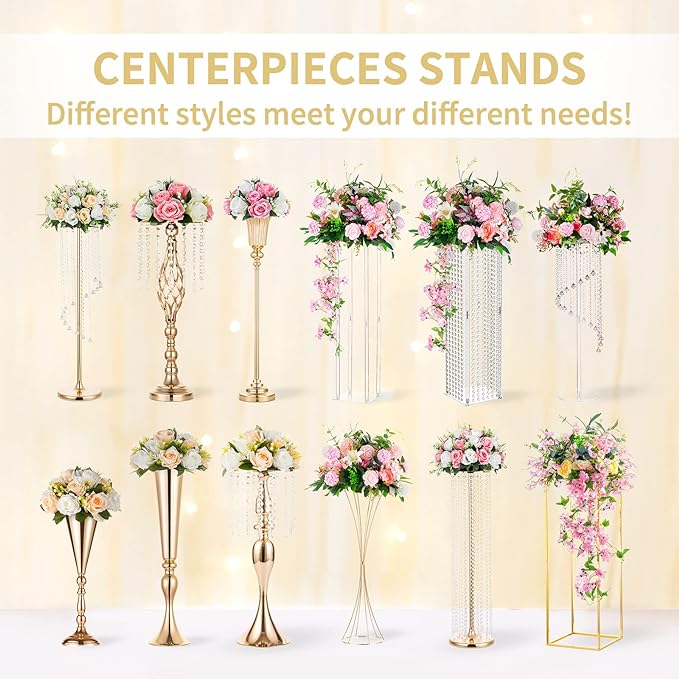 NUPTIO Silver Vases for Centerpieces Wedding - 10 Pcs 21.7in Tall Centerpiece for Tables - Flower Stand Bulk for Weddings Chandelier