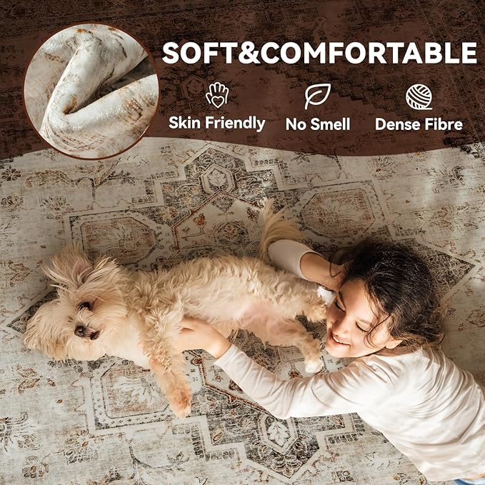 Beige Washable 8x10 Area Rugs for Living Room Rug Bedroom Rug-Carpet Neutral Dining Room Rugs for Under Table Soft Comfortable Non Slip Vintage Oriental Medallion Design