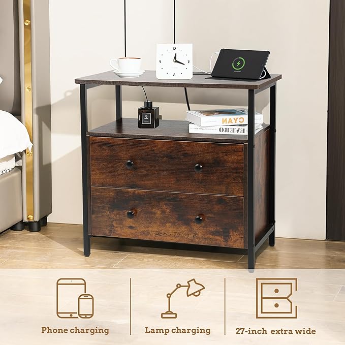 27 inch Wide Night Stand Set 2 with Charging Station, Bedside Table with Open Shelf, 2 Drawers Small Wood Dresser, Modern Wood Nightstand for Bedroom/Living Room (Rustic Brown)
