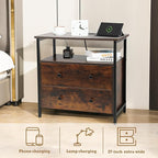 27 inch Wide Night Stand with Charging Station, Bedside Table with Open Shelf, 2 Drawers Small Wood Dresser, Modern Wood Nightstand for Bedroom/Living Room (Rustic Brown)
