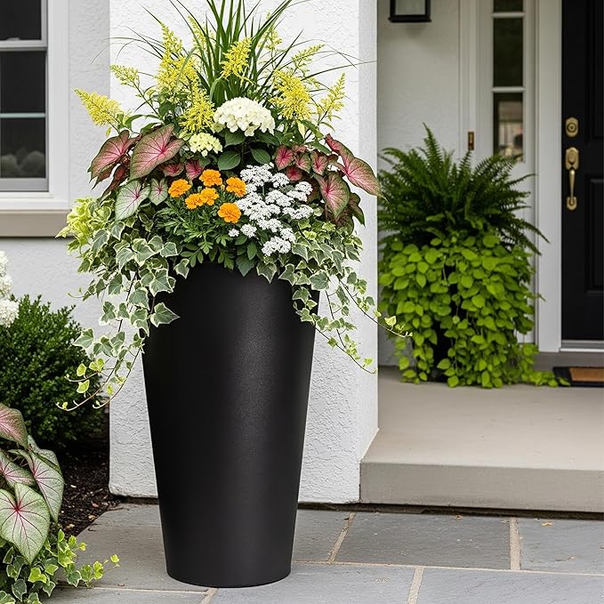 2-Pack 28" Tall Metal Planters - Heavy-Duty Round Flower Pots with Built-in Drainage + Rustic Industrial Finish, All-Climate Deck & Patio Ready Indoor/Outdoor Multi-Scene Garden Vessels