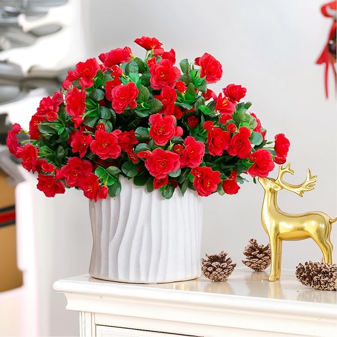 Artificial Faux Flowers Plants for Outdoor Outside Fall Decor, Fake Silk Red Camellia UV Resistant Look Real for Planter Porch Patio Balcony Garden Table Indoor, 3 Large Bundles