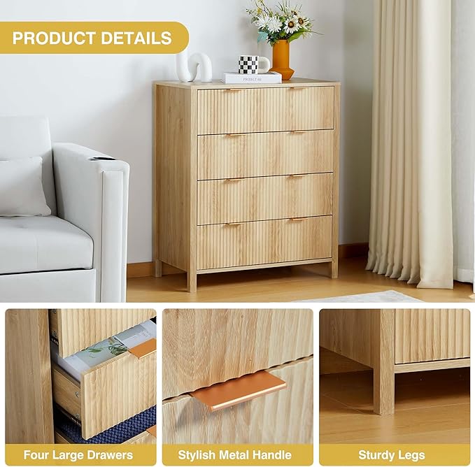 XUZENEST4 Drawer Double Dressers for Bedroom with Waveform Fluted Panel Design, Modern Wide Chest of Drawers,Wood Storage Dresser Chest of Drawers for Bedroom Living Room Hallway Closet,Natural 2 Sets