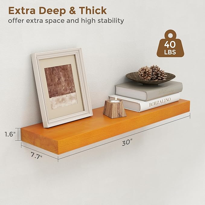 Marsmiles 30 Inch Floating Shelves for Wall - Rustic Wood Floating Shelves Set of 2-30 Inch Wide x 7.7 Inch Deep x 1.6 Inch Thick Wooden Shelves for Room Wall