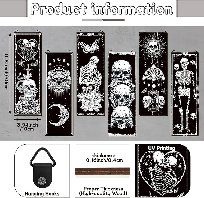 Sintuff 6 Pieces Black Gothic Wall Decor Skull Wall Art Boho Sun Moon Phases Snake Gothic Hanging Wooden Minimalist Skeleton Art Prints Vintage Pediments for Room Living Bedroom Bathroom