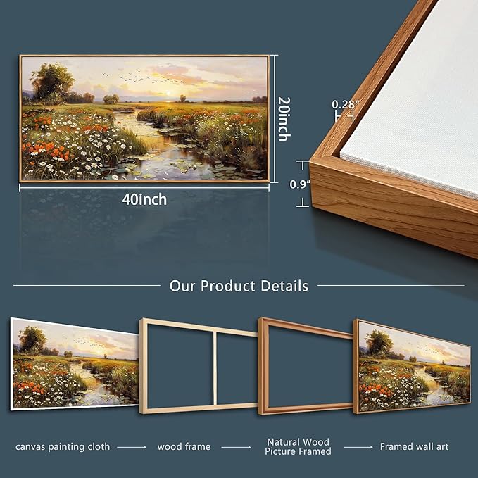 PHAOHUAXM Large Wall Art For Living Room Canvas Wall Decor For Bedroom Watercolour Painting Office Decoration Countryside Sunrise Scenery Wall Picture Ready To Hang Home Decor Wood Framed 20x40 In