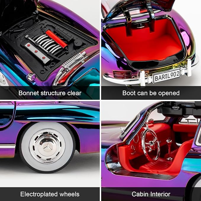 1/24 300SL Diecast Car Model Toy, Collectible 300SL Vintage Car with Sound and Light, Zinc Alloy Pull Back Toy Vehicle for Adult Boys Girls (Purple)