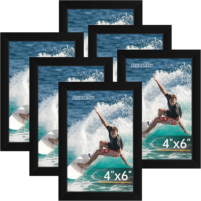FIXSMITH 4x6 Picture Frame Set of 6, 4x6 Photo Frames with HD Plexiglass for Wall Hanging or Tabletop Display, Black