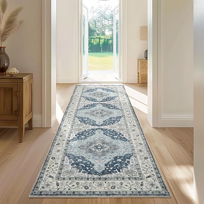 Topllen Runner Rug - 2'x6' Boho Washable Kitchen Rug, Non-Slip Soft Low Pile Rugs Indoor for Entrance Living Room Bedroom Bathroom,Vintage Throw Hallway Carpet Stain Resistance (Blue, 2x6ft)