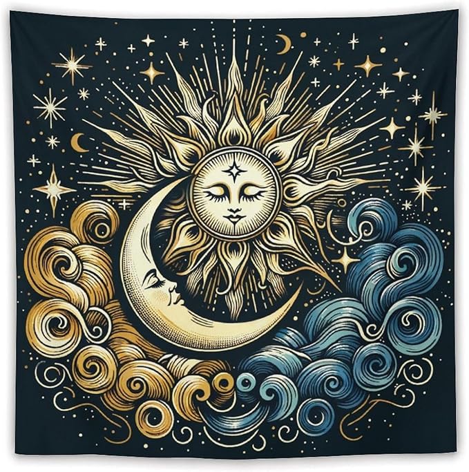 HZOHNAGO Sun Moon Tapestry Boho Golden Stars Pattern Printed Wall Tapestry Wall Hanging for Bedroom Living Room Dorm 60" W x 60" H